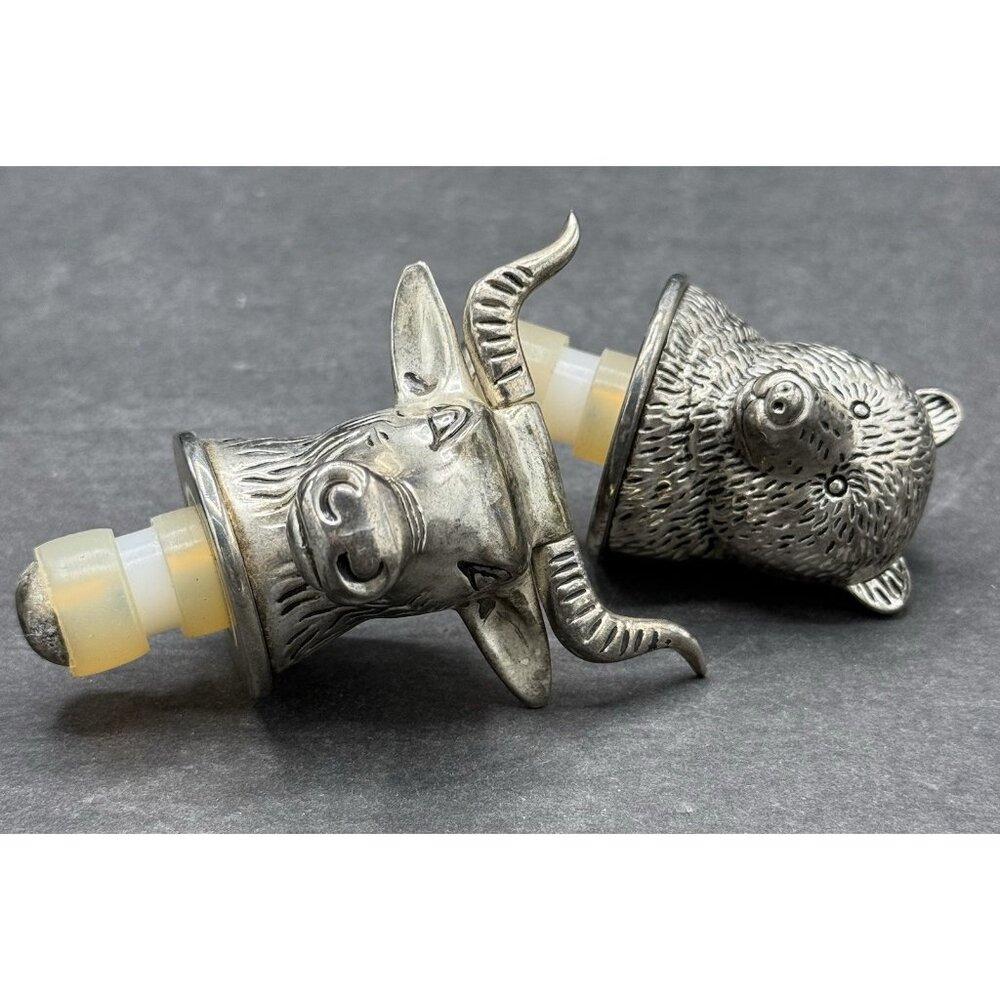 Vintage Bull Bear Market Neiman Marcus Silver Plated Bottle Stopper Set